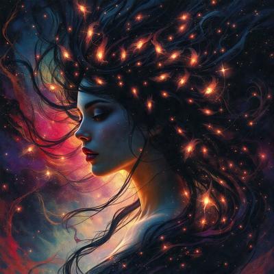 The primary subject of the image is a woman with long, flowing hair. She is the main focus of the image, and her hair is the most prominent feature. The setting is a colorful, swirling background that adds a vibrant and lively atmosphere to the scene. The visual style of the image is a digital art or illustration, which gives it a unique and artistic appearance. The colors and mood of the image are predominantly warm and inviting, with the woman's hair and the swirling background creating a sense of movement and energy.